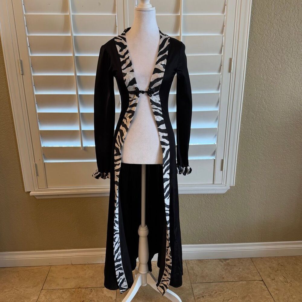 Vintage Y2K Delicate Illusions Black Zebra Trim Tie Front Duster Alt Goth Vampy
